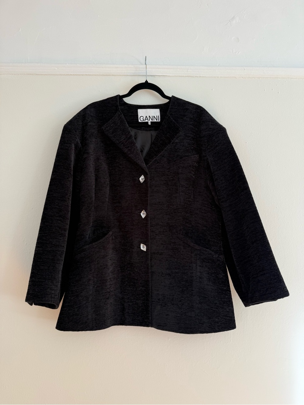 Ganni Black Textured Three-Button Blazer